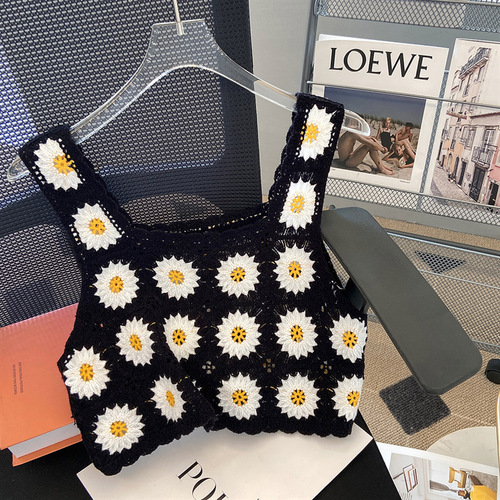 Embroidered vest knitted hollow crochet women's sleeveless top short style outer wear versatile inner vest knitted color matching