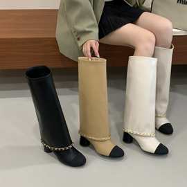 BOOTMIJILI高跟裤管长筒靴女靴2025秋季瘦中筒时装杏色长靴粗跟