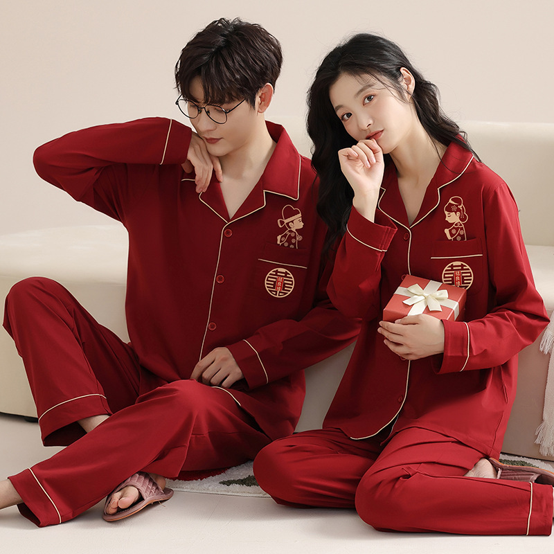 Red Pajamas Couple Wedding Spring & Fall 2025 New Pure Cotton High-End Wedding Wedding Dowry Festive Home Clothes