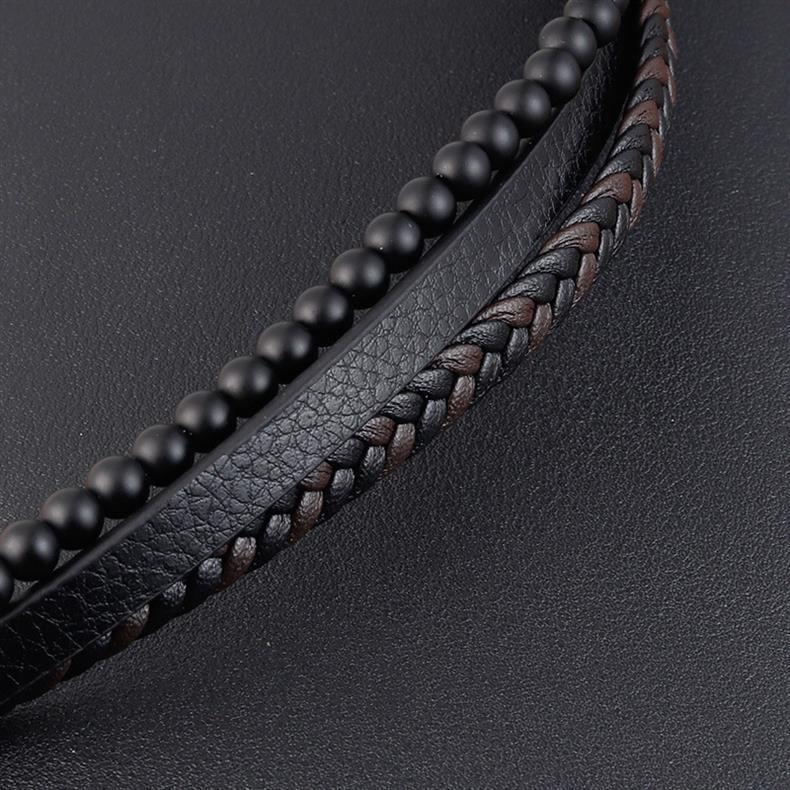 Retro Punk Geometric Pu Leather Natural Stone Beaded Knitting Men's Bracelets display picture 4
