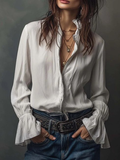 Women's Casual Fashion Long Sleeve Zip up Top round Neck Solid Color Loose Fitting Shirt Style Versatile Blouse for Spring/Autumn_ecoleips.com