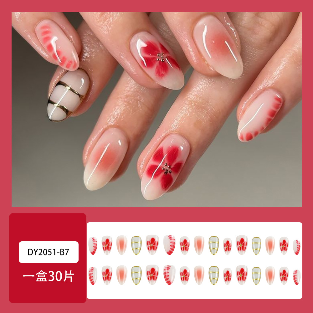 Venta caliente transfronteriza de comercio exterior, piezas de uñas con flores de cinco pétalos, parches de uñas de almendra de estilo caliente europeo y americano, 30 piezas de nails image 3