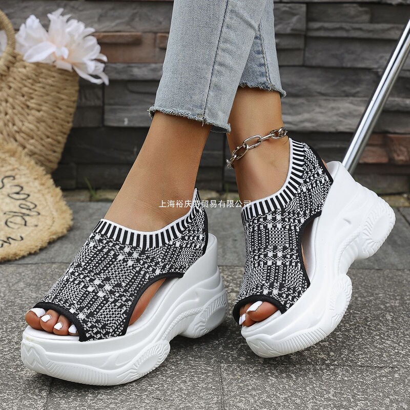 35-43 Large Size Women's Shoes New Casual Shoes Spring, Autumn and Summer Sports Shoes Running Fly-Knit Wedge High-Heeled Sneakers