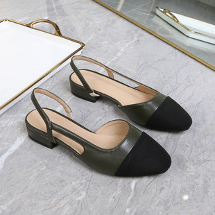 Cross-Border Mid-Heel Small Fragrant Color-Blocked Back Hollow Toe Sandals for Women French Flat Heel Square Toe Back Strap Flat Large Size Shoes