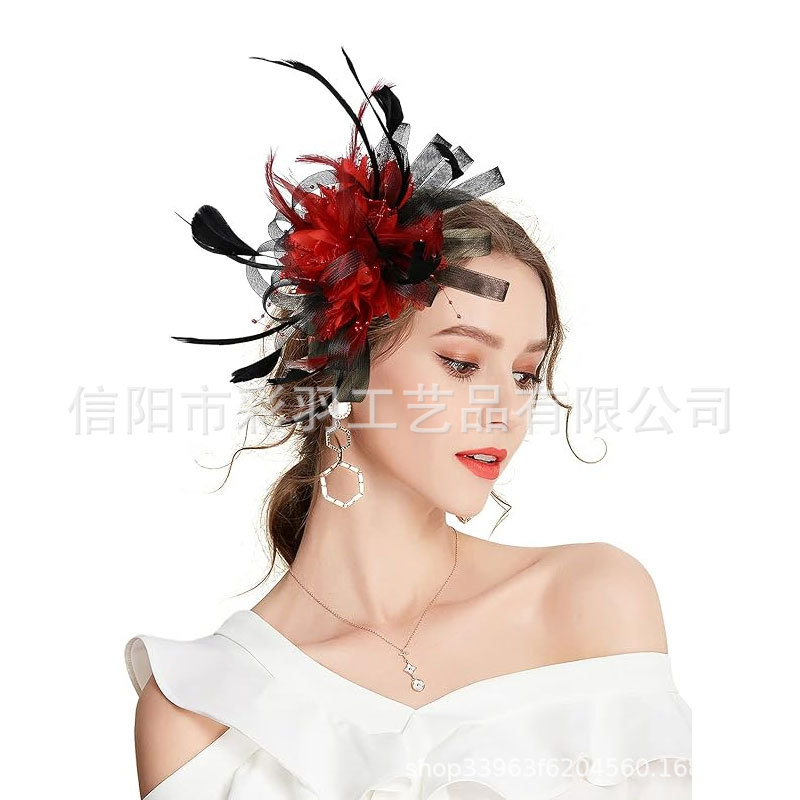Cross-border bridal headpiece, feather headwear, small top hat, hairpin, hair accessory, headpiece for horse racing festivals, tea parties, and performances, mesh top hat headpiece