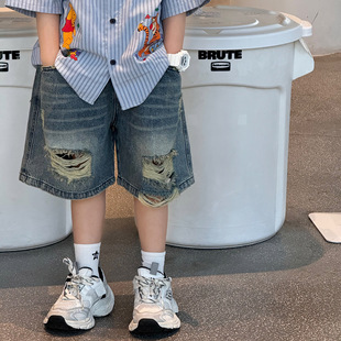 Tairu 2025 Summer New Arrival Korean Style Boys' Fashionable All-Match Ripped American Style Old Jeans Trendy Children's Shorts