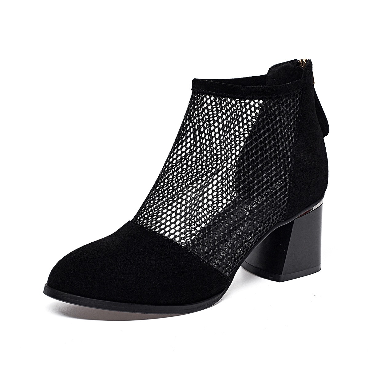 Dép sandal nữ da lộn gót thấp quai chữ V thoáng khí — đen
