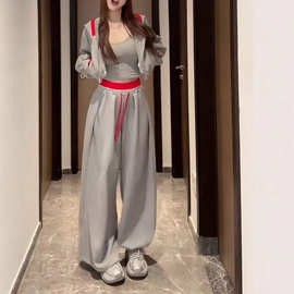 休闲时尚运动套装女早秋拼色大兜帽短款卫衣抽绳宽松阔腿裤两件套
