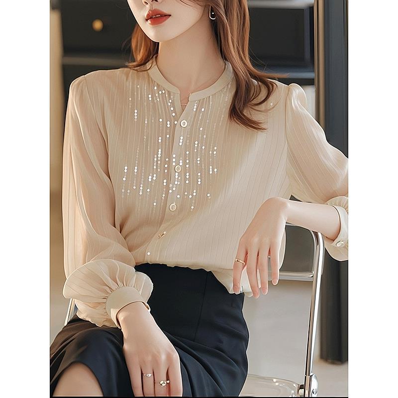 High-grade apricot long sleeve chiffon shirt women's 2024 early autumn new French fashion temperament unique beautiful top