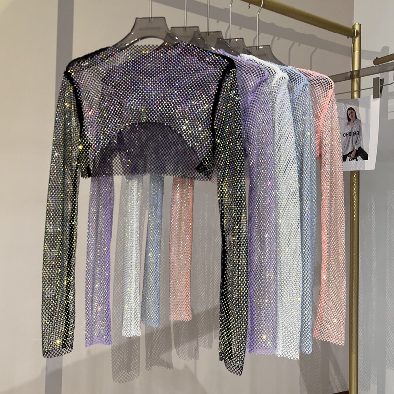 Summer Sexy Color Diamond Short Top Women Hot Rhinestone Long Sleeve T-Shirt Sexy Leaky Waist Party