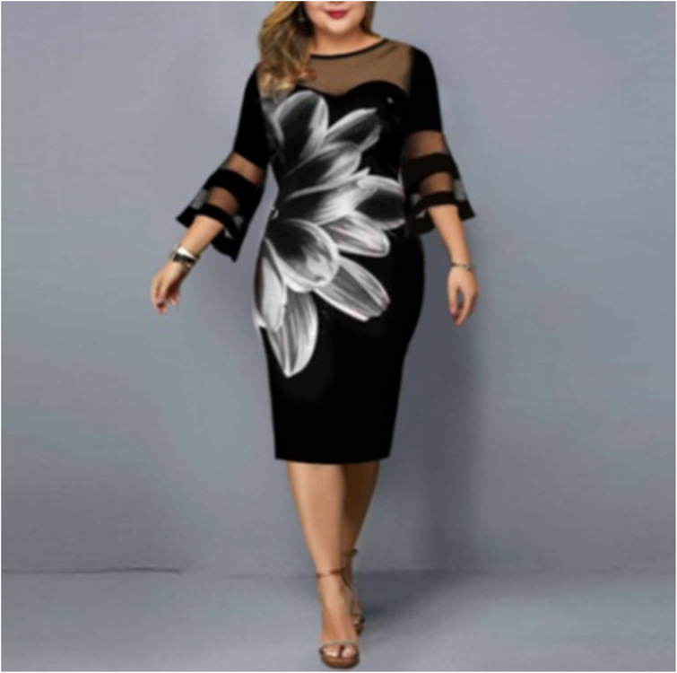 Midi Dress Dress Length Type Wholesale Fashion Streetwear Printing Patchwork Net Yarn Floral Holiday Round Neck 3/4 Length Sleeve Pencil Skirt