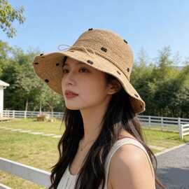 日系拉菲草编帽子女夏季遮阳防晒渔夫帽大檐海边度假沙滩太阳盆帽