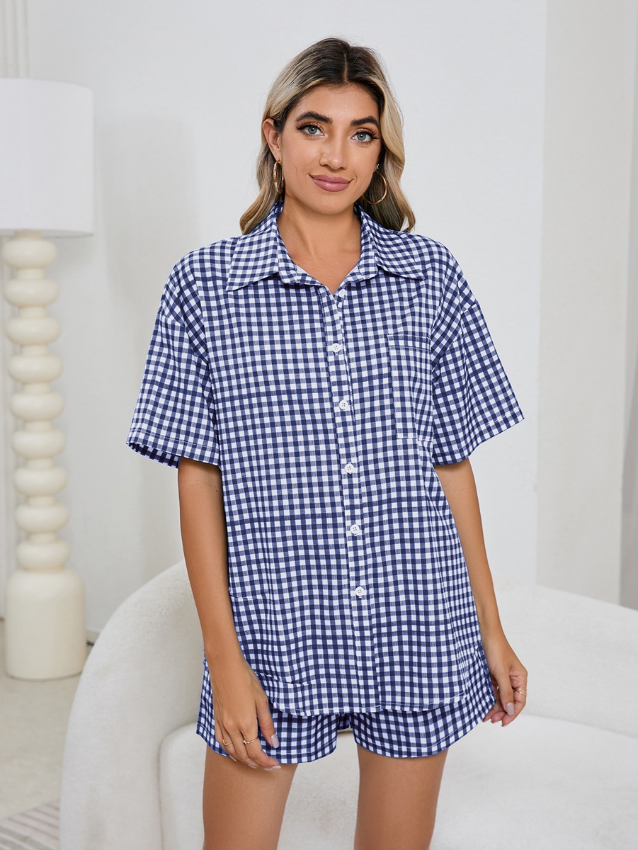 Women Casual Comfortable High Waist Loose Wide Legs Retro Plaid Shorts Checked Shirt Women