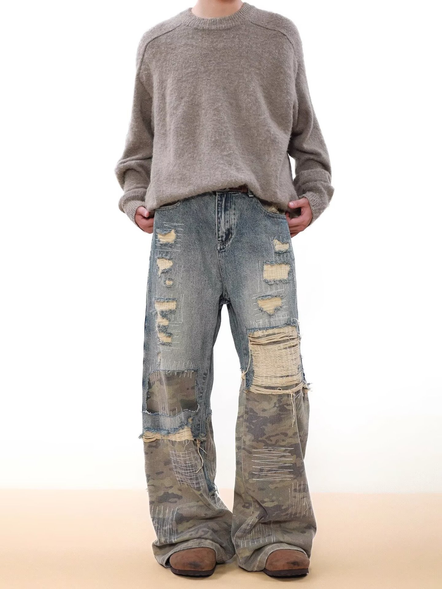 Jeans uomo vintage denim distressed patchwork camouflage blu_voghion.com