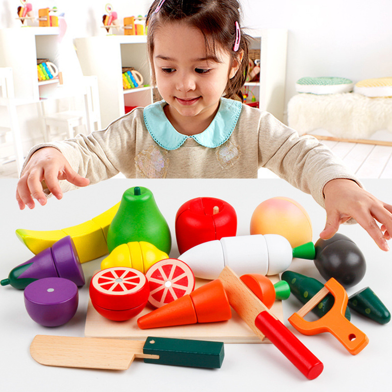 Casa de juegos para niños corte de frutas y verduras corte juguetes niños y niñas bloques de construcción magnéticos de madera cocina frutas y verduras traje