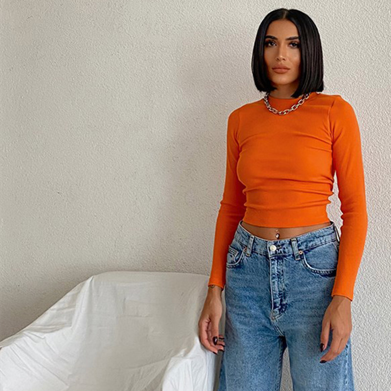 Women's Ribbed Long Sleeve T-shirt Round Neck Solid Colour Top_voghion.com