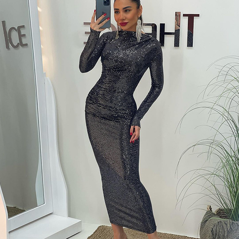 Amazon Women's New Sequin Design Slim-Fitting Elegant European and American Style Tight-Fitting Sexy Bodycon Dress for Women