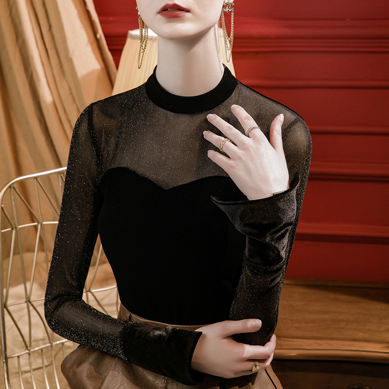 Pequeño collar del soporte de malla seda brillante costura camisa terciopelo mujeres campana manga estilo occidental negro 2023 otoño nuevo top