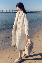 牛角扣白色菱格棉服女中长款年冬季新款韩系宽松加厚棉袄