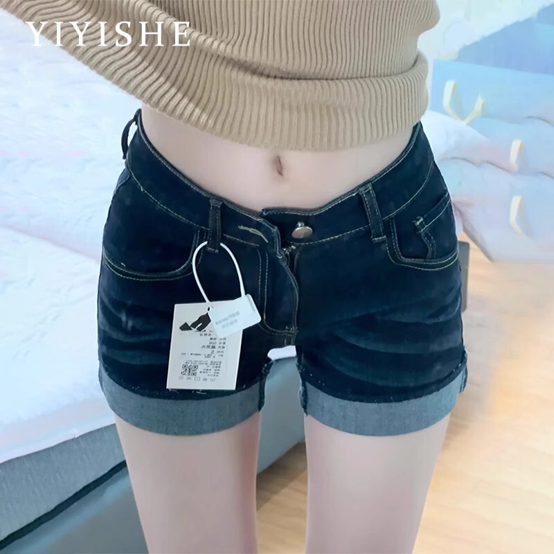 Washed Distressed Low-Waist Curled Denim Shorts for Women 2025 Summer New Pure Desire Slim Fit Elastic Hip-Covering Super Shorts