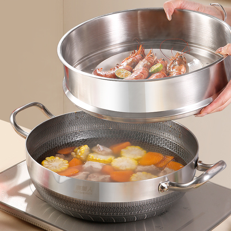 Three-Layer Steel Stainless Steel Honeycomb Non-Stick Soup Pot Hot Pot Frying Multi-Purpose Pot
