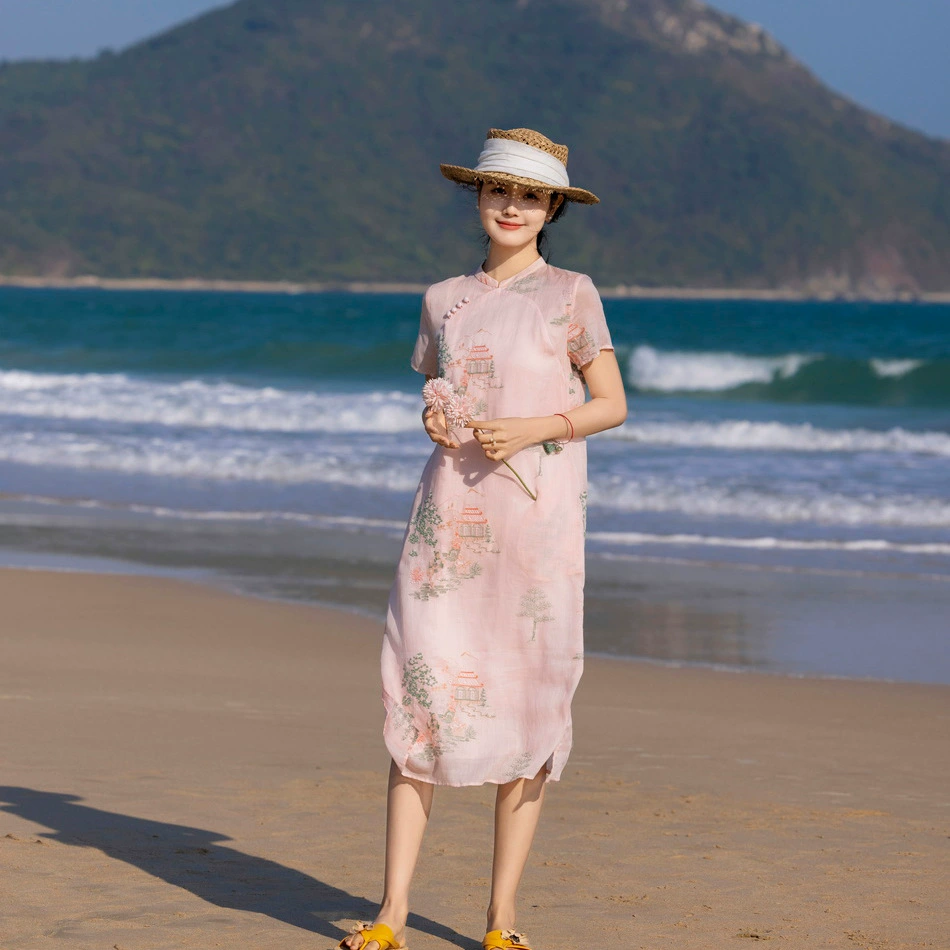 2024 Весна и лето новая женская одежда с вышивкой рами дорожное платье средней длины в национальном стиле с воротником-стойкой и коротким рукавом для женщин