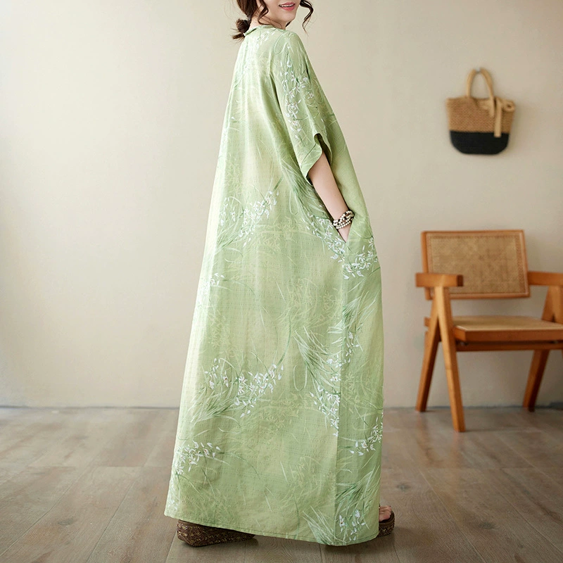 Summer retro long beach dress, V-neckline, cotton and linen, plus size