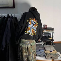 West Coats重磅vintage美式高街机车图案洗水连帽卫衣帽衫男女潮