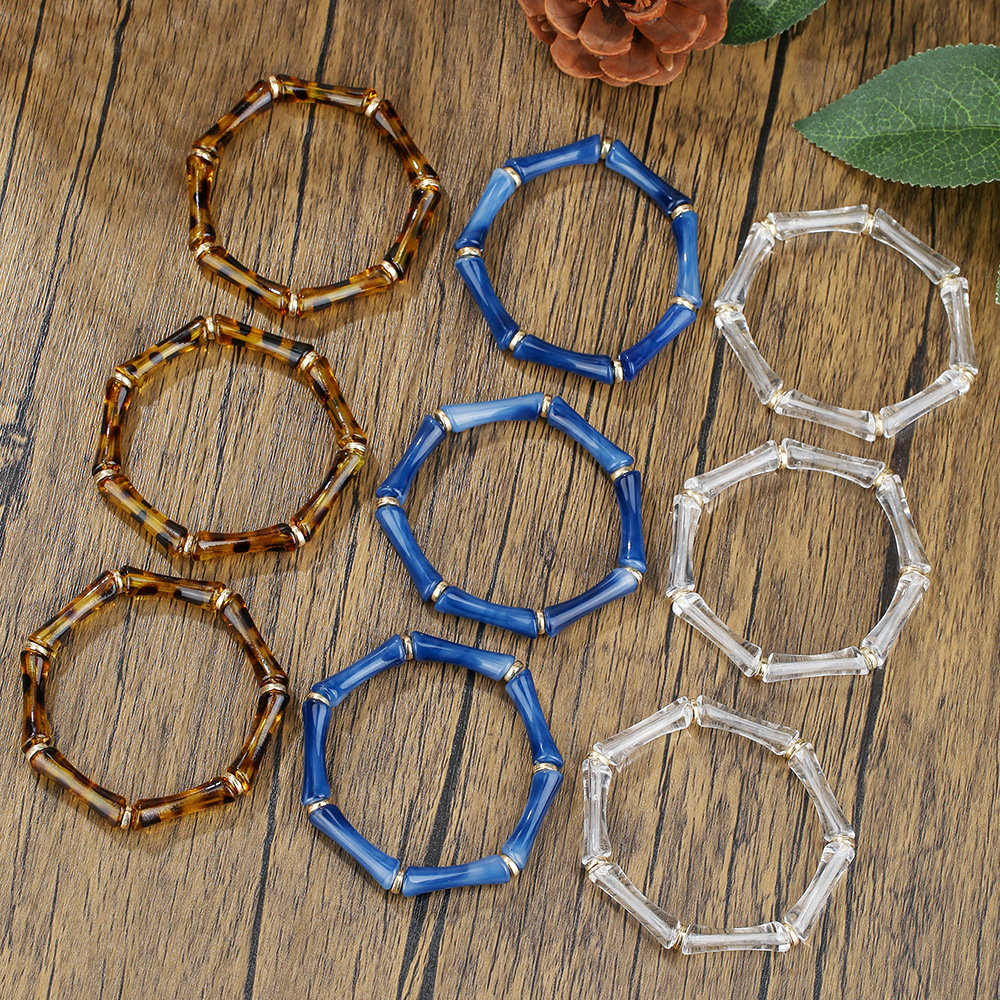 Nuevos productos transfronterizos retro europeos y estadounidenses de bambú tubo acrílico cuentas pulsera de cuerda elástica multicapa para mujeres 3 piezas de brazalete image 3