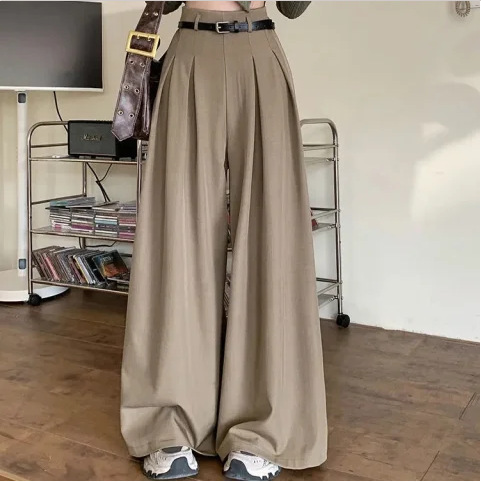 女性のためのハイエンドのドレープグレーのスーツパンツ夏の新しいハイウエストストレートワイドレッグパンツカジュアルパンツフロアレングスパンツ|undefined