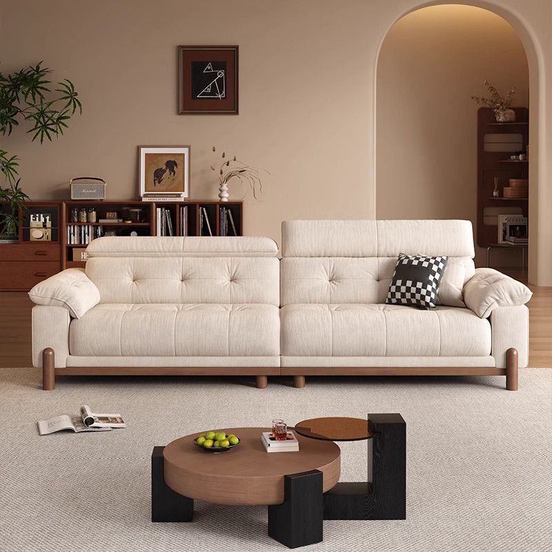 Cream Mid-Century Style Solid Wood Cloud Fabric Sofa Living Room Small Apartment Three-Seater Retro Style Sofa