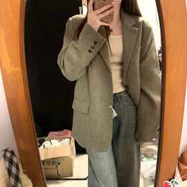 2025春秋感宽松短款西服上衣韩系早秋日系复古毛呢子西装大衣外套