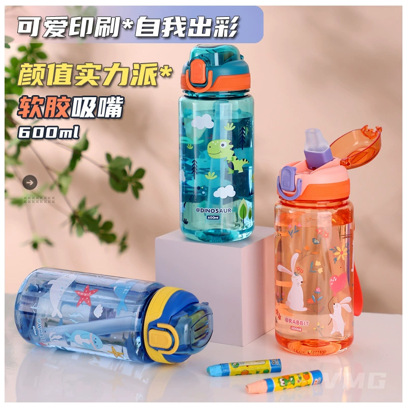 Пятно крутой мультяшный модный стакан для воды портативный открытый большой емкости студенческий детский соломинный пластиковый чайник 600 мл