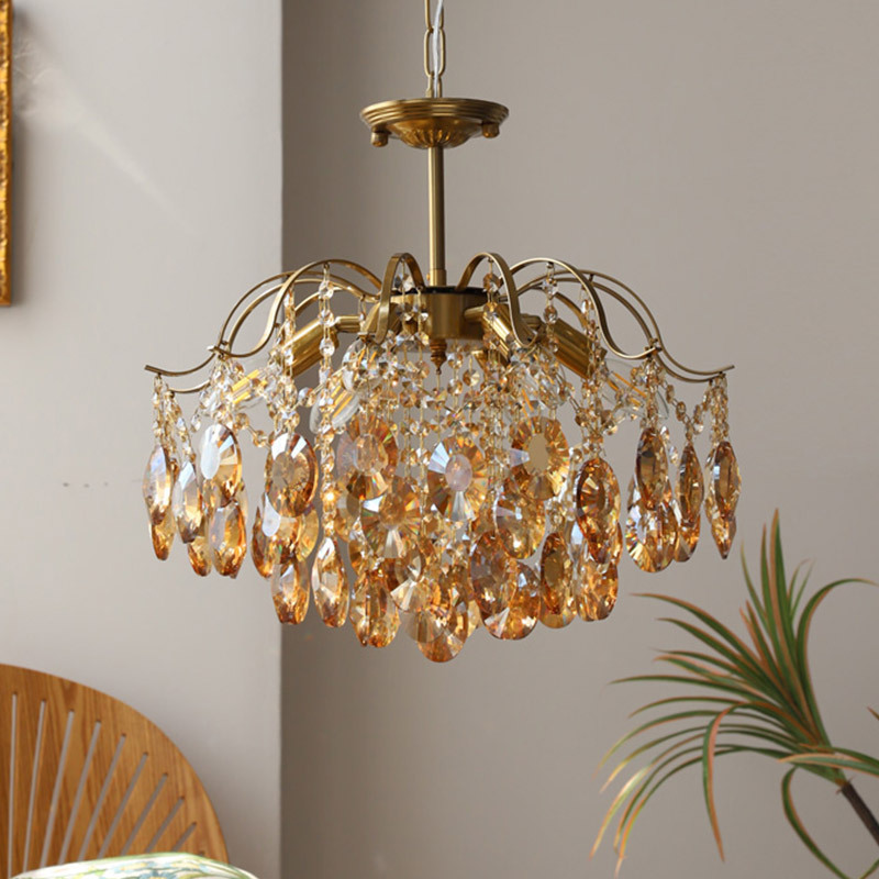 French-style living room romantic amber crystal chandelier, American light luxury retro bedroom dining room closet full copper eye-protection pendant light