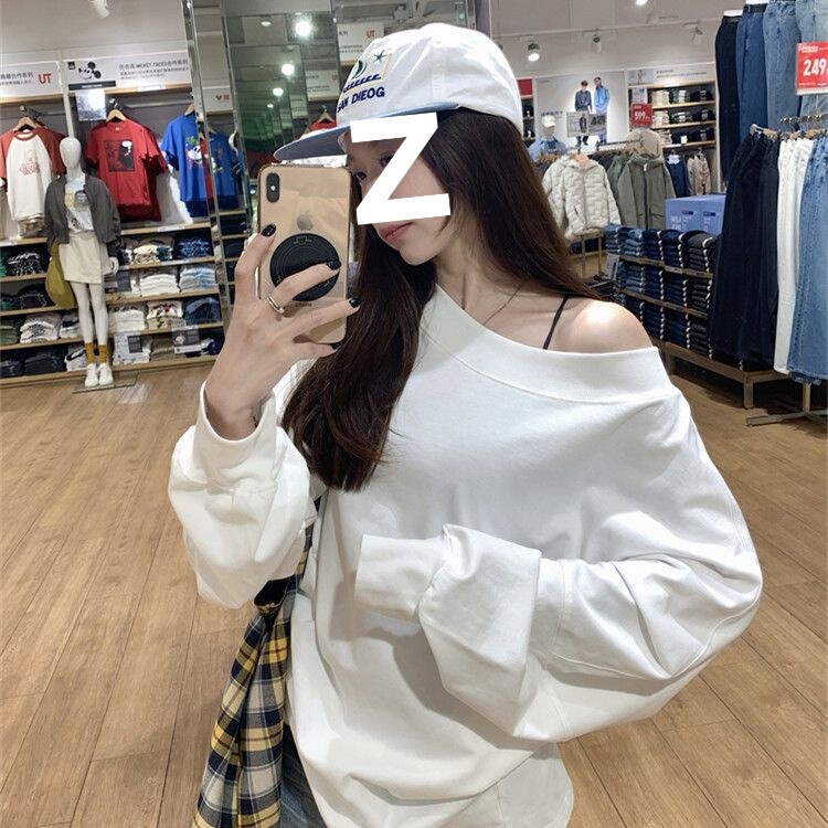 Korean Style White Loose-Fitting Off-Shoulder Sweatshirt for Women, 2026 Autumn Thin Jacket, American-Style Off-Shoulder Long-Sleeve T-Shirt Top