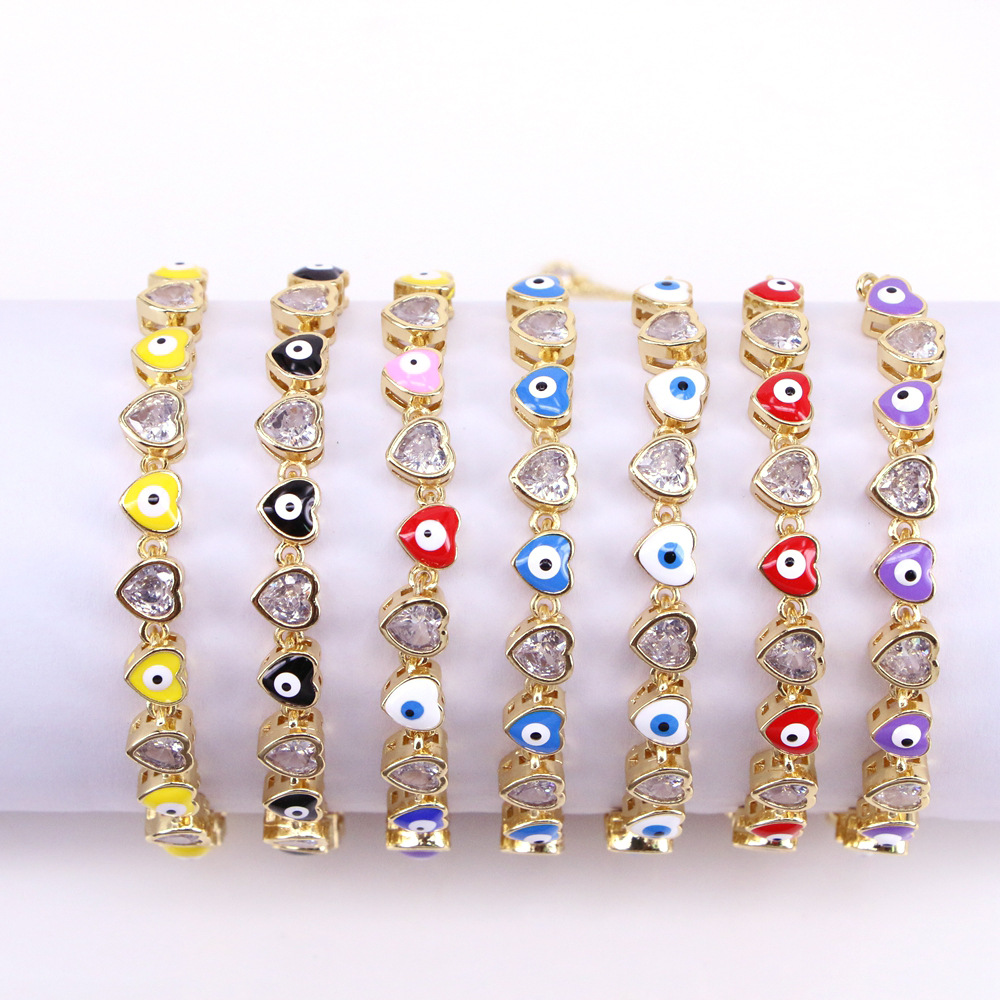 Fashion Heart Shape Eye Copper Bracelets Enamel Gold Plated Zircon Copper Bracelets display picture 2