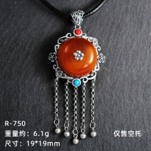 S925纯银diy平安扣流苏吊坠空托19*19台湾工艺镶嵌蜜蜡琥珀项坠托