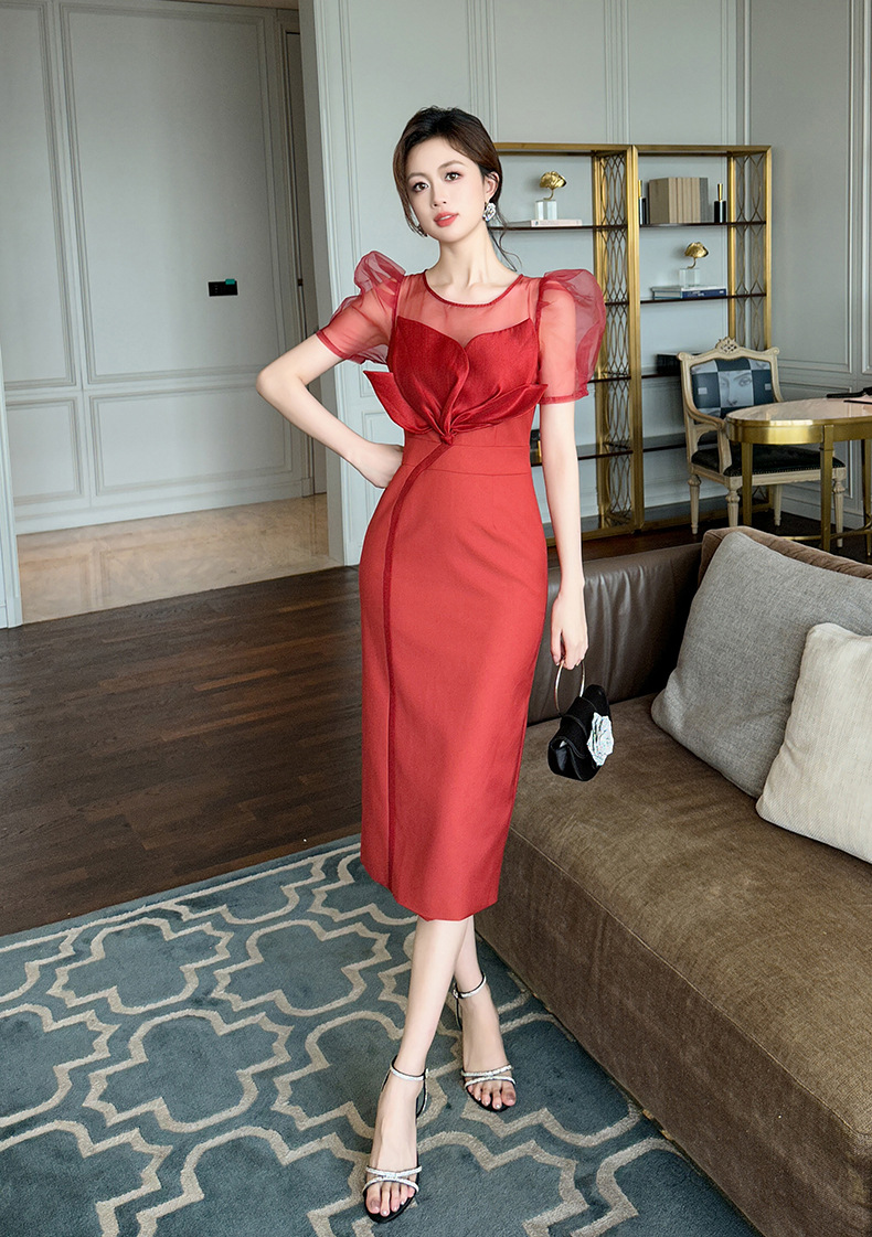 Váy maxi thắt eo tay phồng phối cánh hoa thiết kế cổ điển Pháp xẻ tà — Xanh trăng trúc, Màu đỏ chi tiết 15