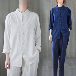 Summer Tai Chi Suit Set for Men and Women Practicing Kung Fu Performance Chinese Style Martial Arts Pants Cotton and Linen Spring and Autumn Stand Collar Button-Down Base Shirt
