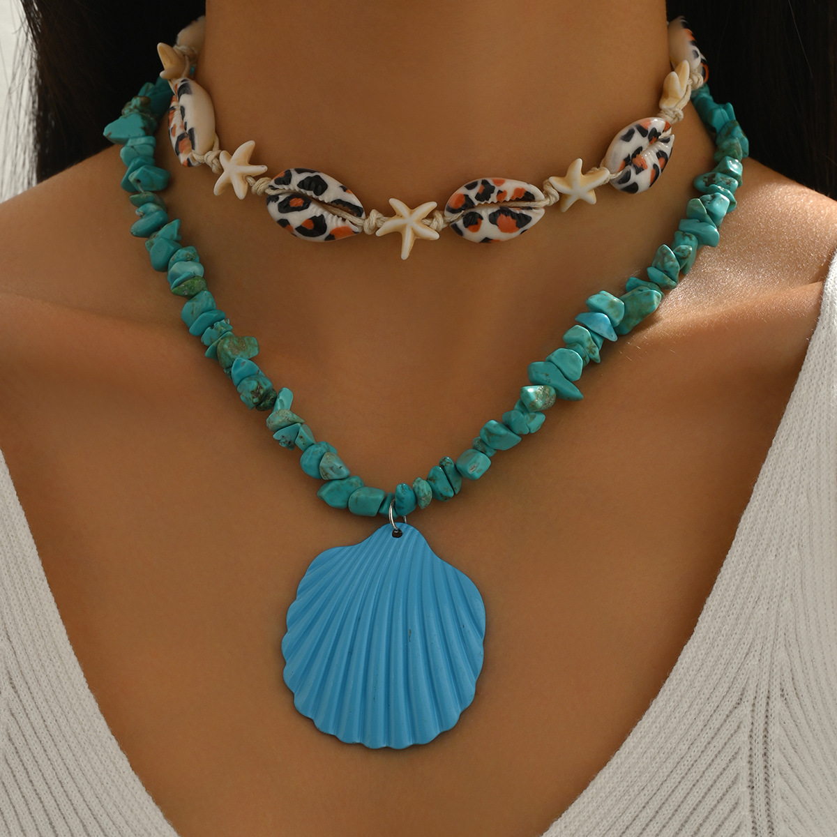 Blue Shell Layered Necklace For Summer Vacation Style_voghion.com