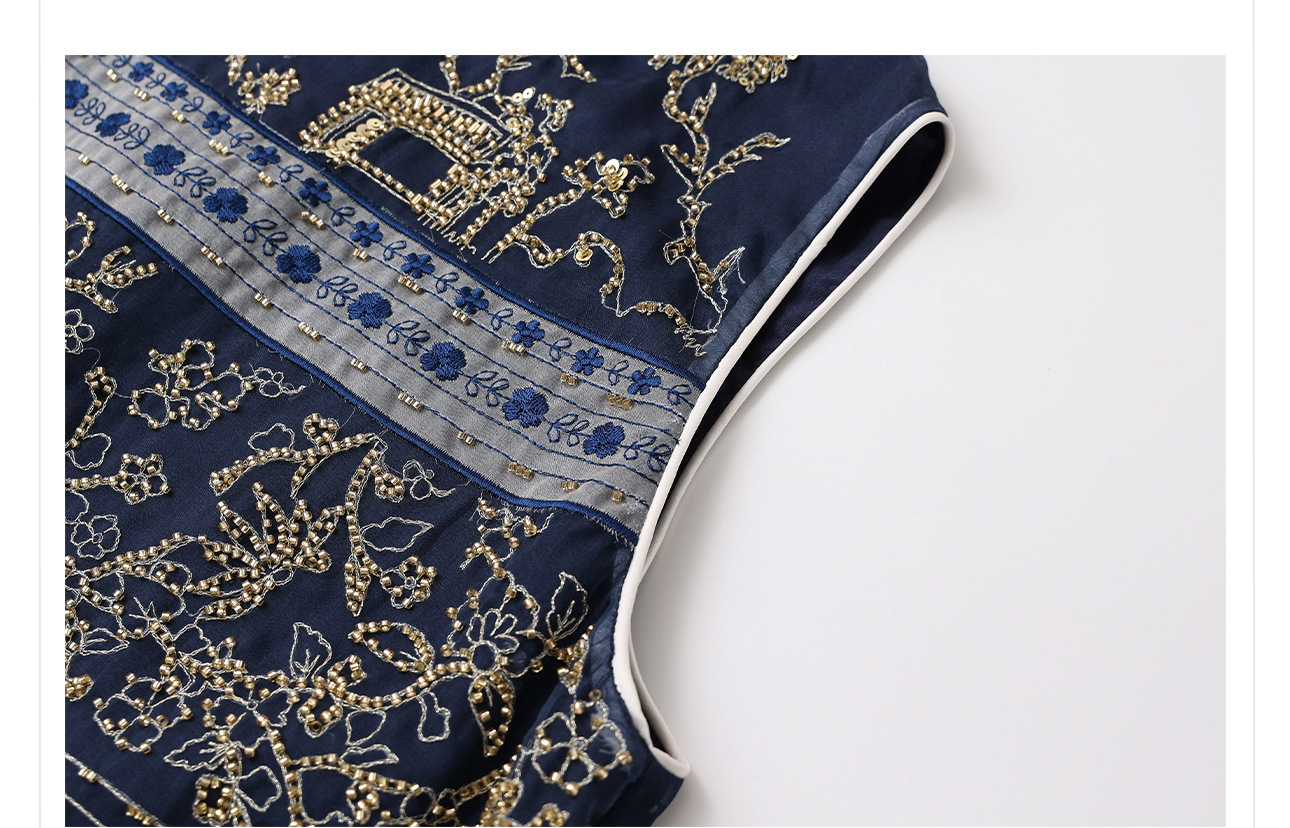 Áo vest gile nữ lụa tơ tằm cổ tròn thêu họa tiết quốc phong mùa hè — Màu xanh navy, Màu trắng be chi tiết 7