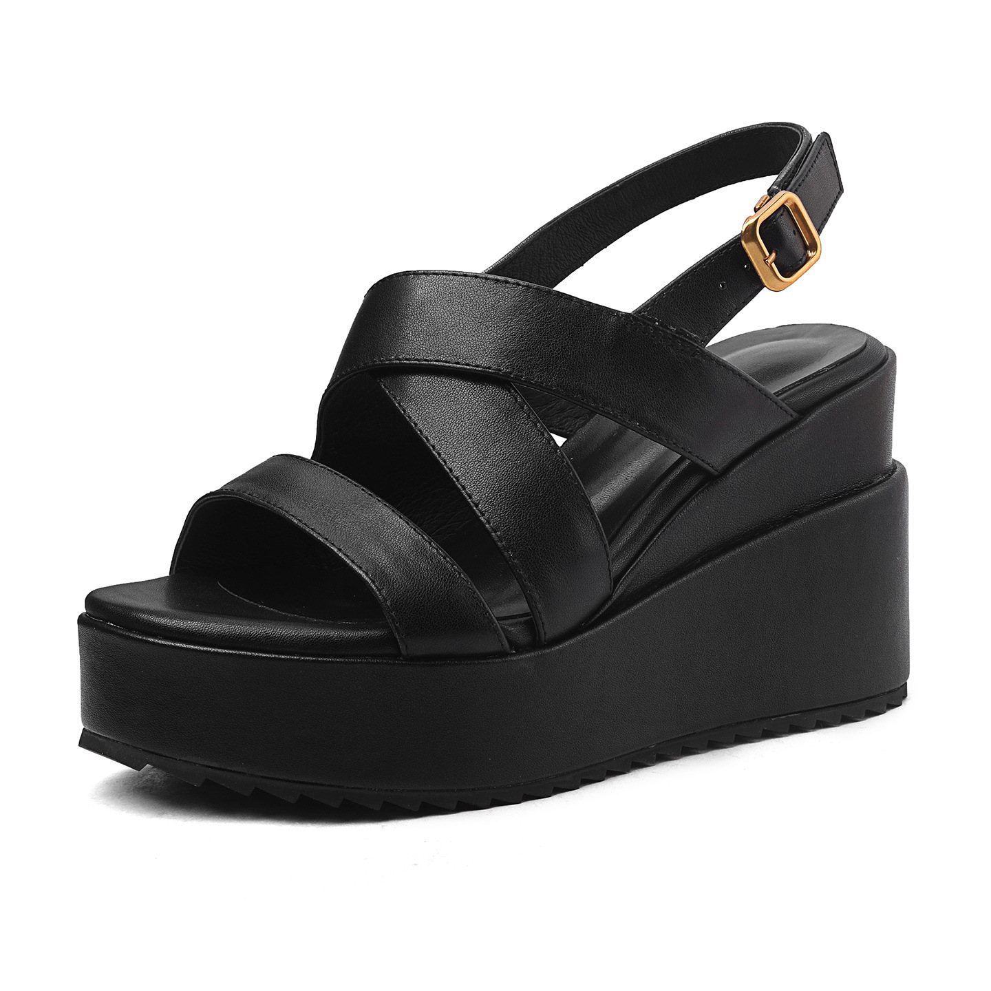 Sandal nữ hở mũi quai chéo đế xuồng cao gót 10 cm — Da cừu đen chi tiết 12