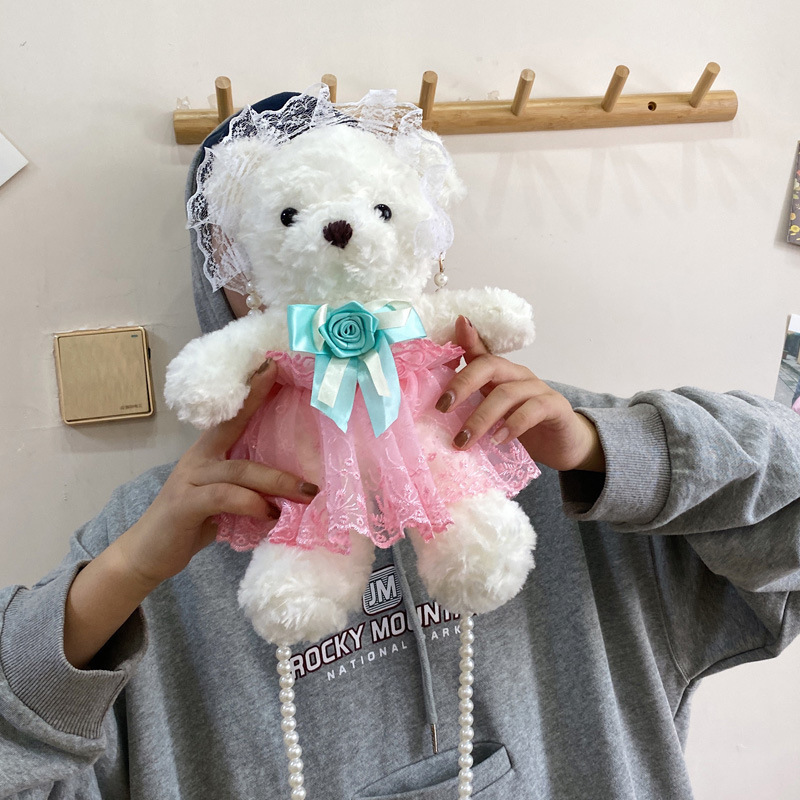 多色熊包Lolita珍珠肩带jk单肩包斜挎可爱萌蕾丝花边小熊毛绒包包