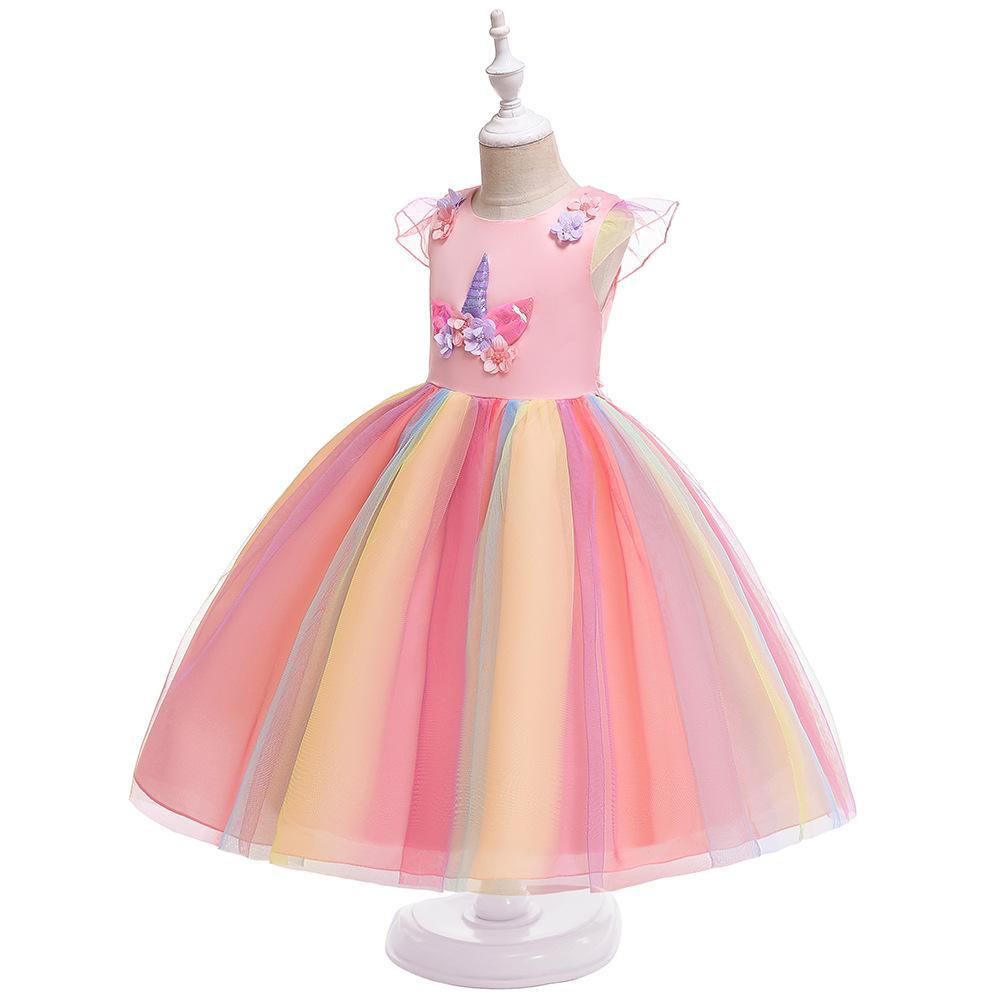 INS ropa para niños Comercio exterior Unicornio para niños vestido de arco iris vestido de princesa Festival Traje vestido de princesa