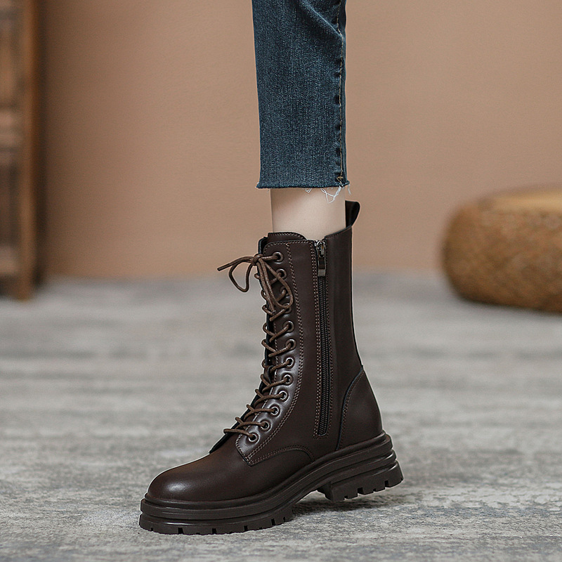 Genuine Leather British Style Boots for Women 2025 Autumn and Winter New Thick-Soled Versatile Brown Short Boots Mid-Calf Slim Single Boots