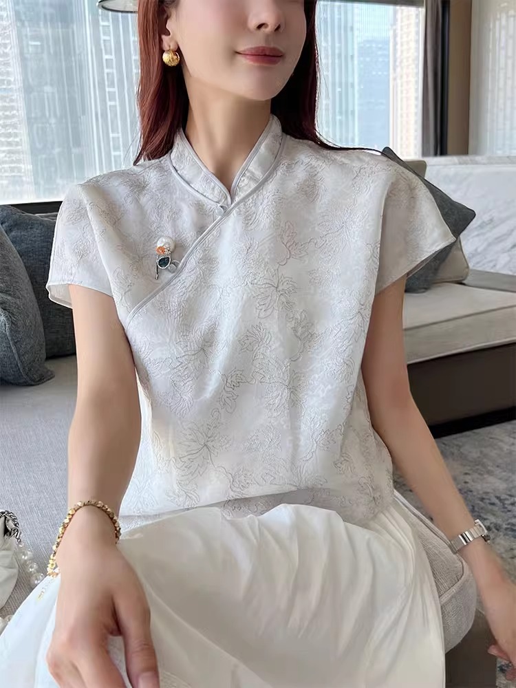 Шелковая летняя рубашка, (в наличии на складе), с вышивкой, китайский стиль