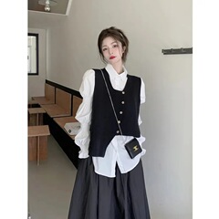 不規則なニットベストファッションスーツ女性のための春 2025 新しいフレンチデザイン気質パフスリーブシャツ