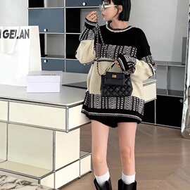 2025年秋冬新款圆领拼色羊毛衫女宽松百搭费尔岛休闲慵懒风上衣