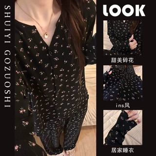 法式慵懒甜美黑色碎花睡衣女新款高级感简约休闲家居服套装可外穿