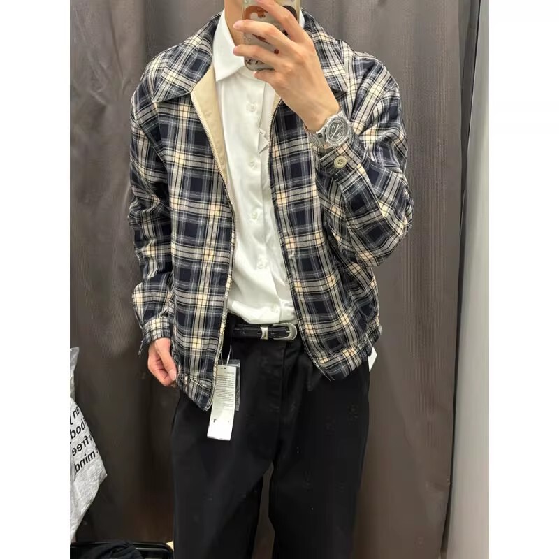 Khaki Reversible Plaid Short Bomber Jacket Men's Spring & Fall Trendy Brand High-End Design Lapel Jacket